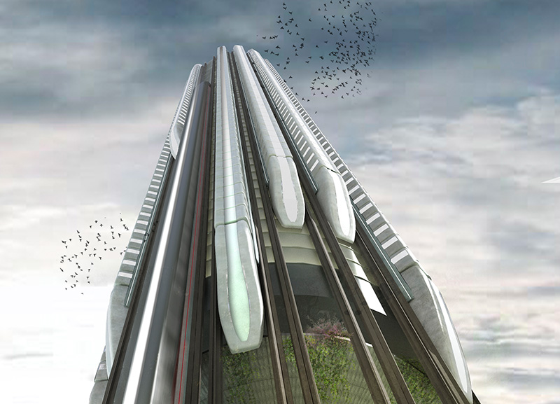 Hyper-Speed Vertical Train Hub یک ایستگاه قطار عمودی . از یک طراح انگلیسی