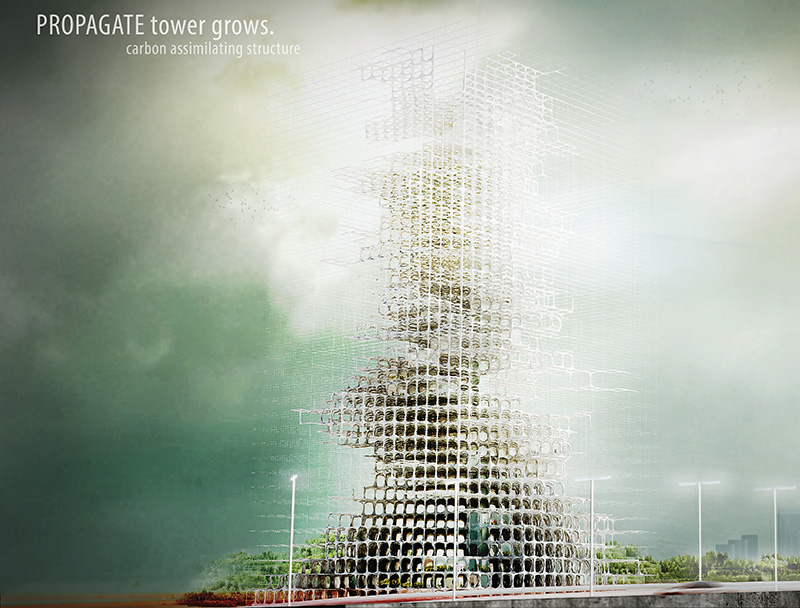 رتبه سوم: Propagate Skyscraper از طراح کانادایی یک برج فوق پیشرفته است که با استفاده از کربن دی اکسید هوا به رشد می پردازدو شکل این ساختمان نیز بر اساس شرایط طبیعی همانند باد و باران مشخص می شود.