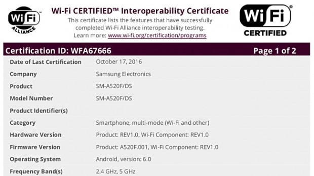 گوشی گلکسی ای 5 مدل 2017 مجوز WiFi را دریافت کرد